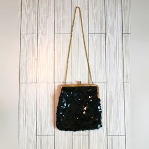 Vintage Black Beaded Handbag With Snap Closure And Gold Chain